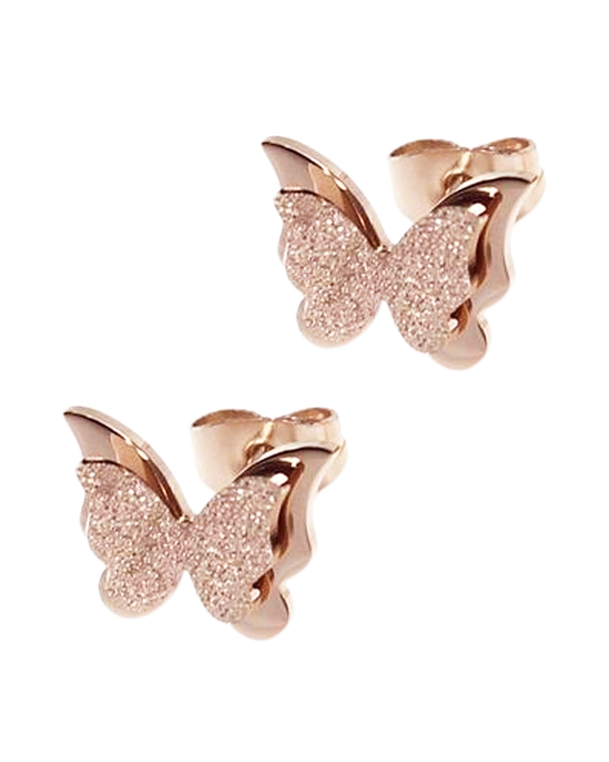 BOUCLES D'OREILLES EN ACIER ROSE PAPILLONS AVEC PAILLETTES