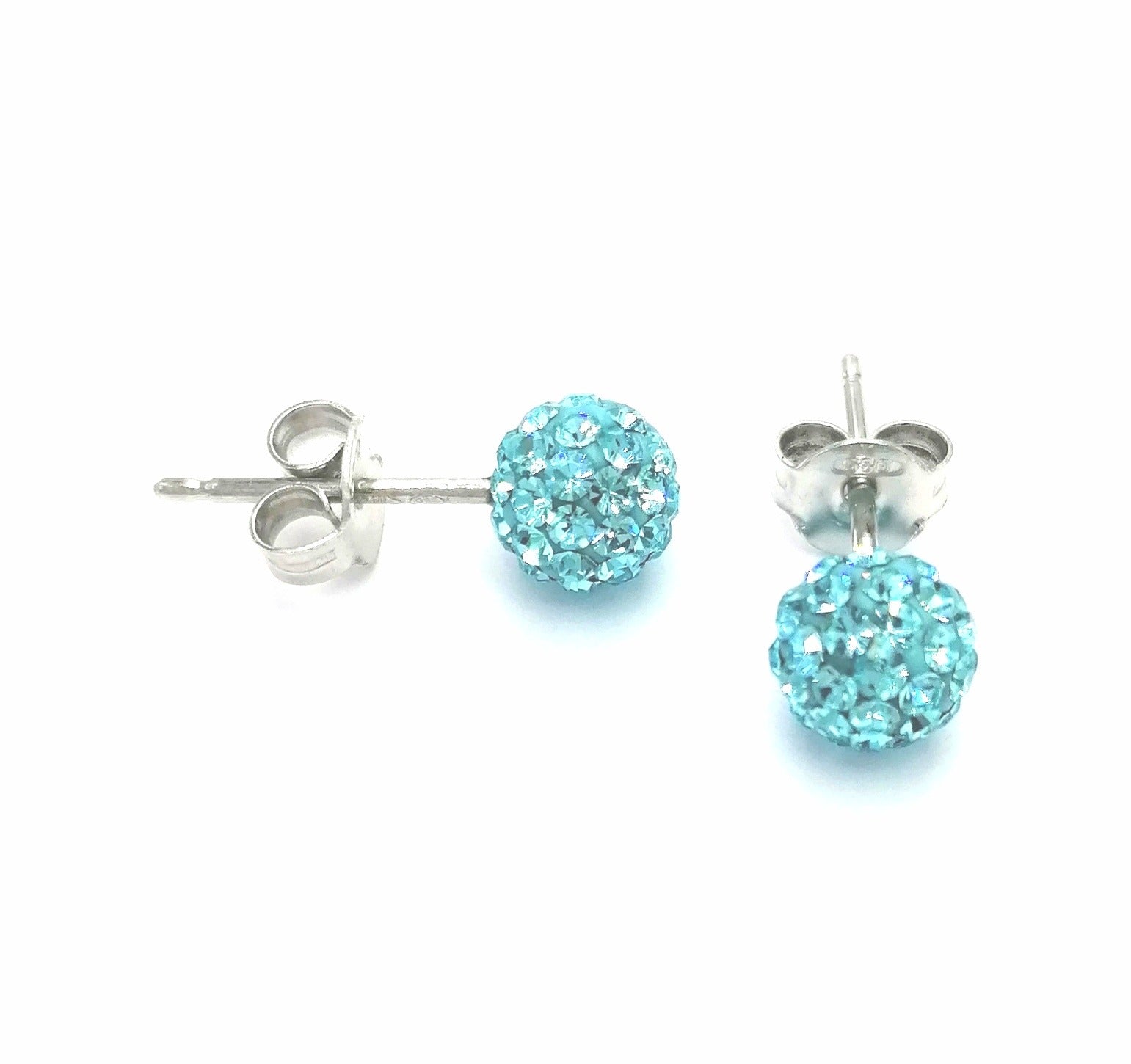 BOUCLES D'OREILLES EN ARGENT BOULE STRASS BLEU