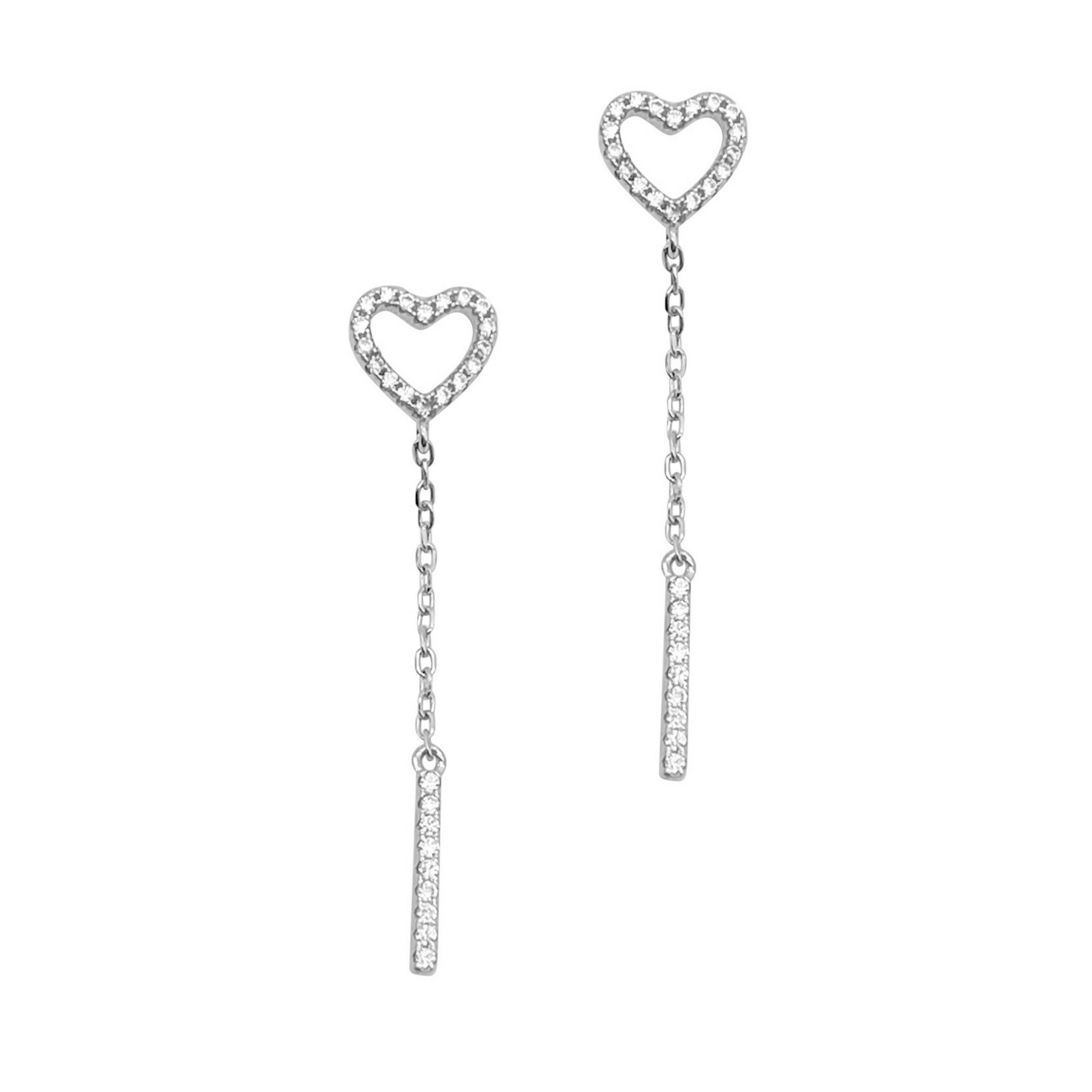Boucles d'oreilles pendantes en argent massif avec coeur serti de pierres