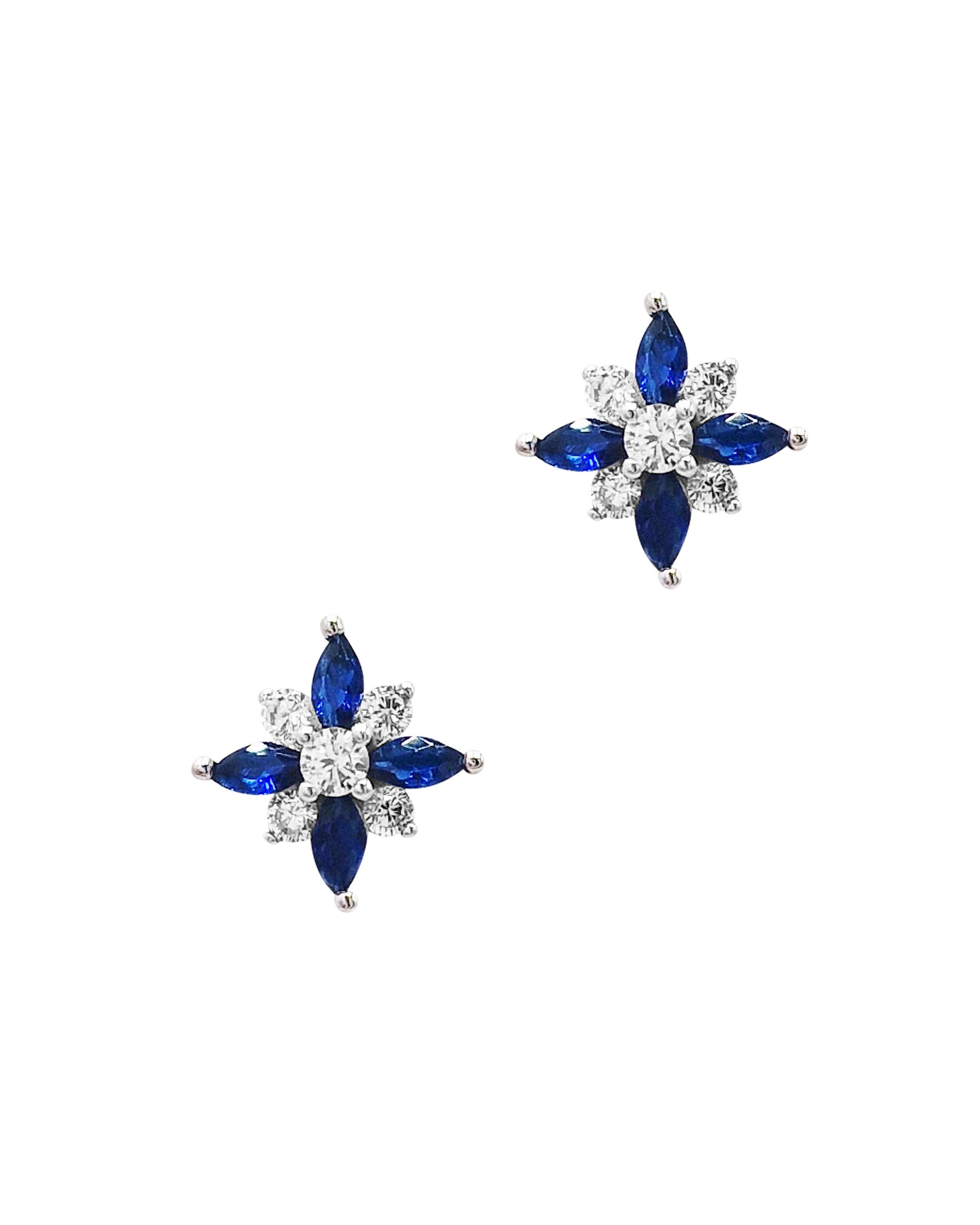 BOUCLES D'OREILLES EN ARGENT FLEUR AVEC PIERRES BLEUES ET BLANCHES