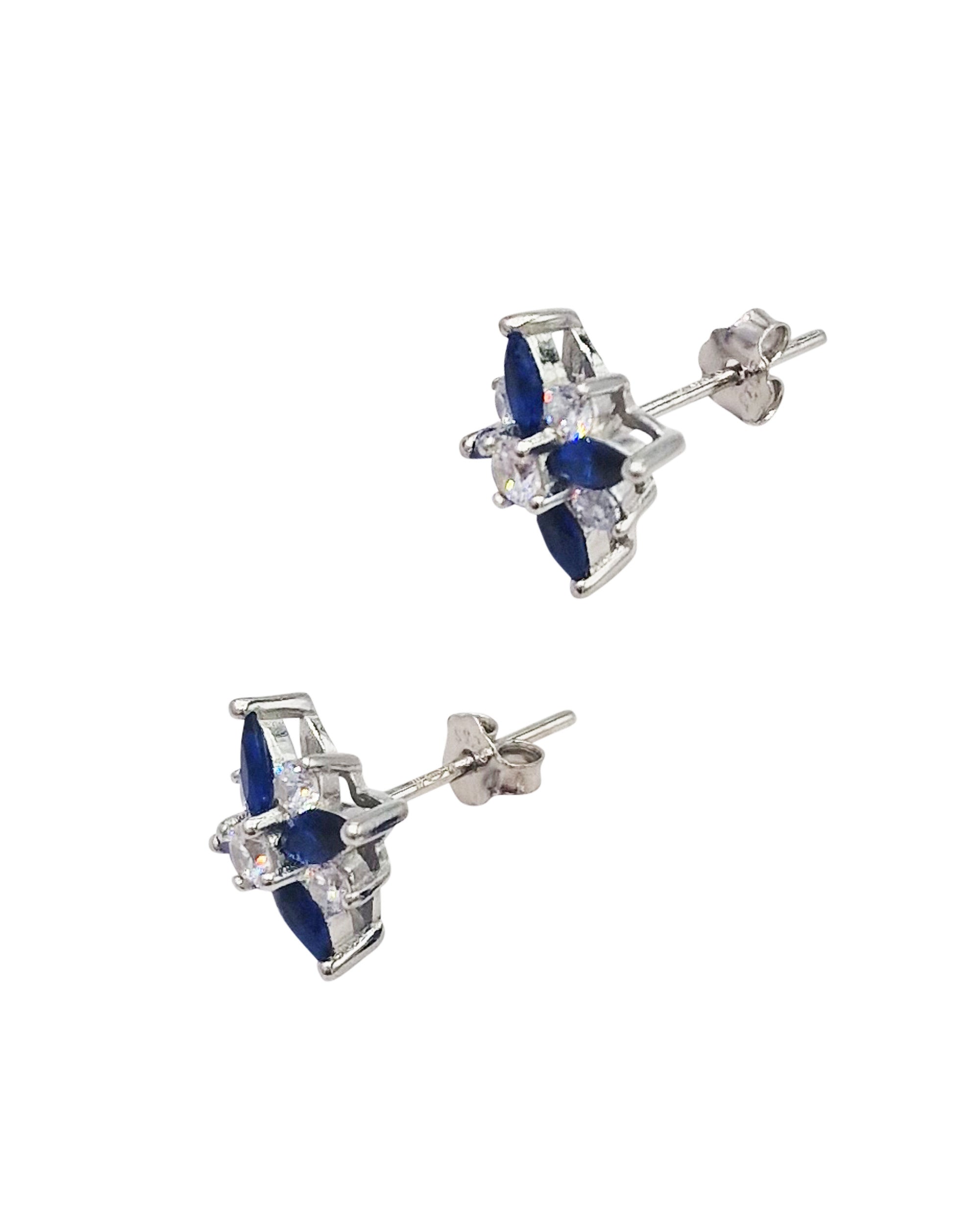 BOUCLES D'OREILLES EN ARGENT FLEUR AVEC PIERRES BLEUES ET BLANCHES