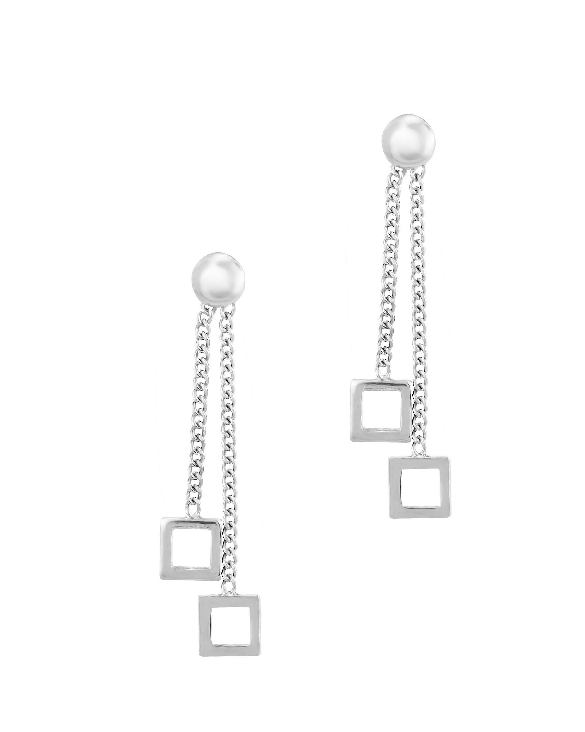 Boucles d'oreilles en argent massif rhodié bille et petit carré pendant