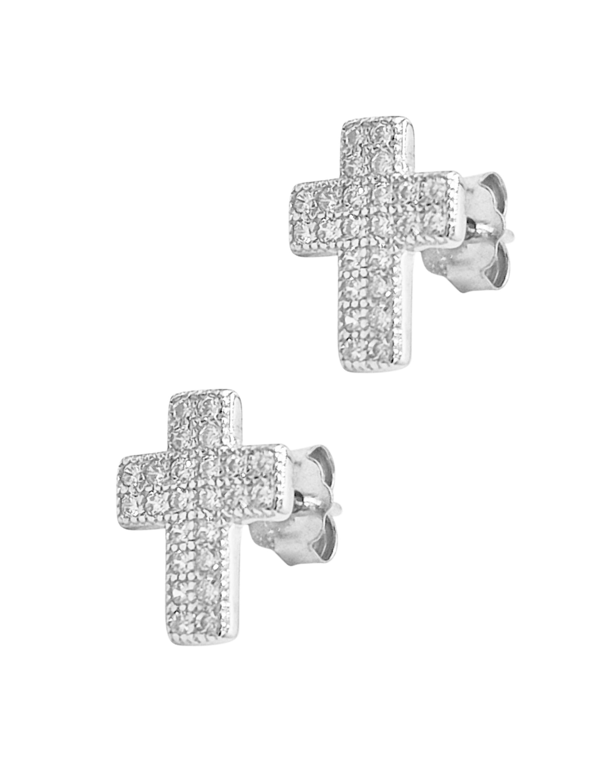BOUCLES D'OREILLES EN ARGENT MOTIF CROIX SERTIE DE PIERRES