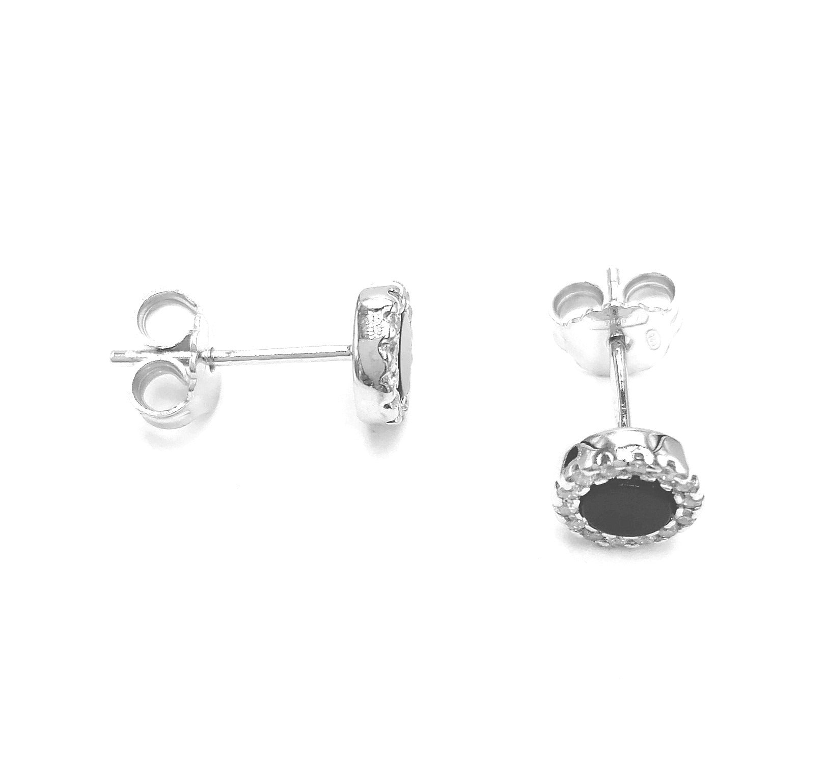 BOUCLES D'OREILLES EN ARGENT PIERRE NOIRE ENTOUREE DE PIERRES