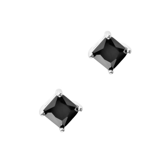 Black square solitaire silver earrings
