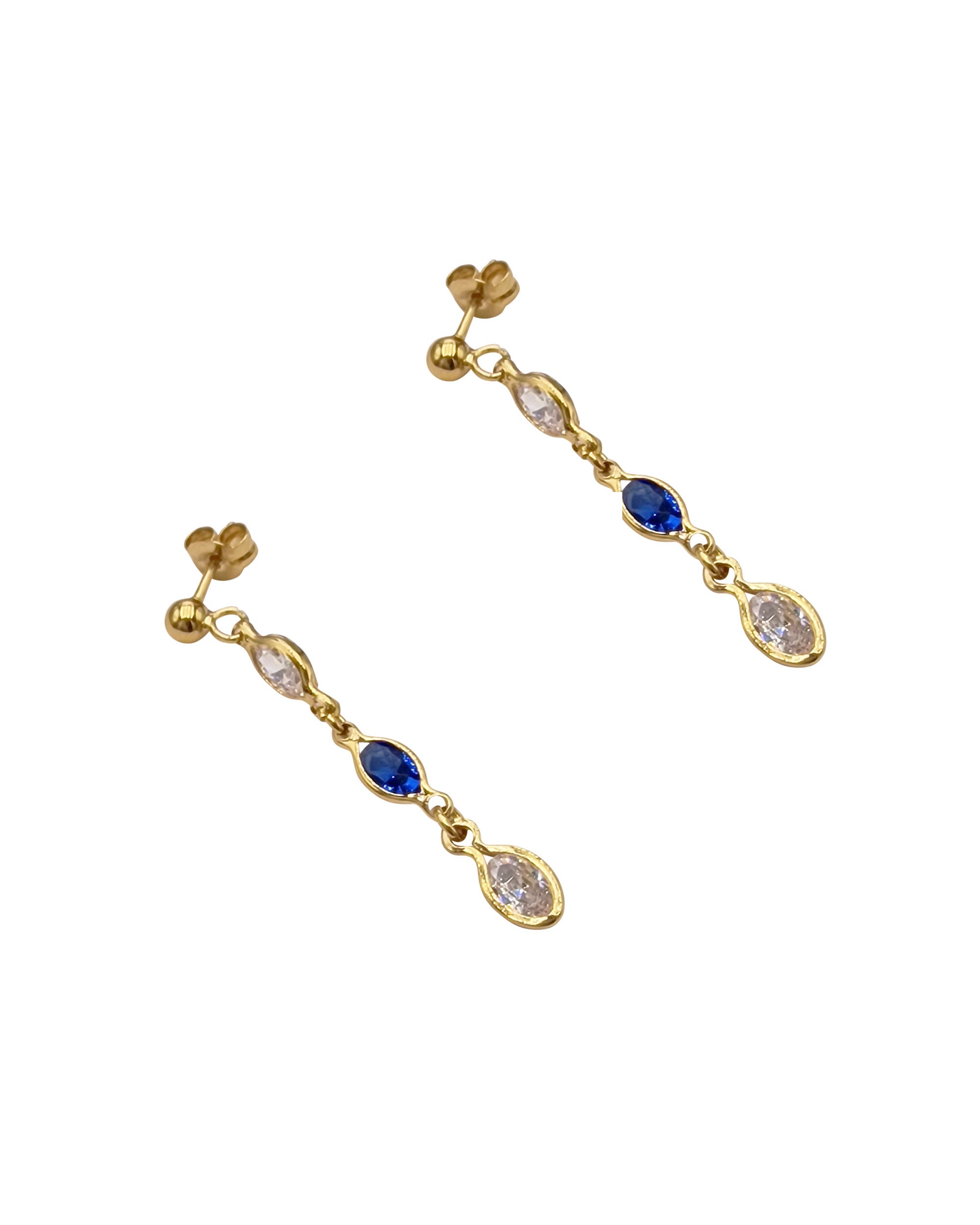 BOUCLES D'OREILLES EN PLAQUE OR AVEC PIERRES BLEUE ET BLANCHES