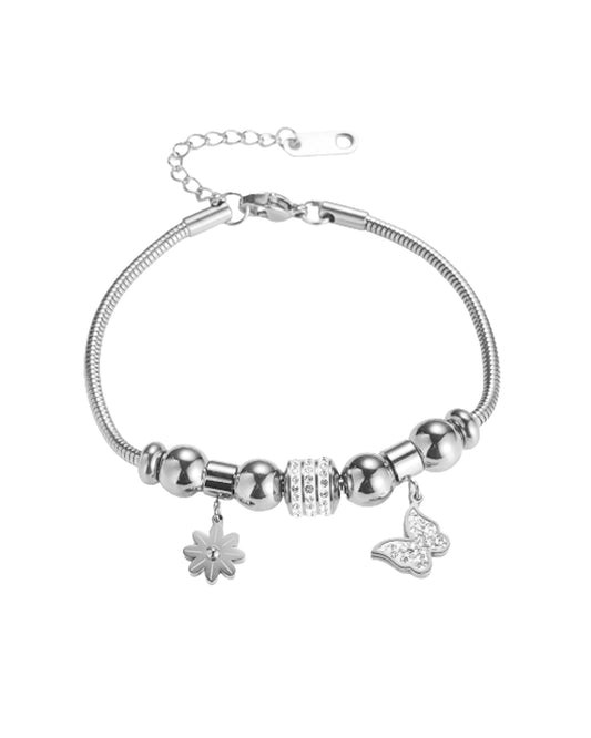 Bracelet en acier avec charms papillon et fleur strass