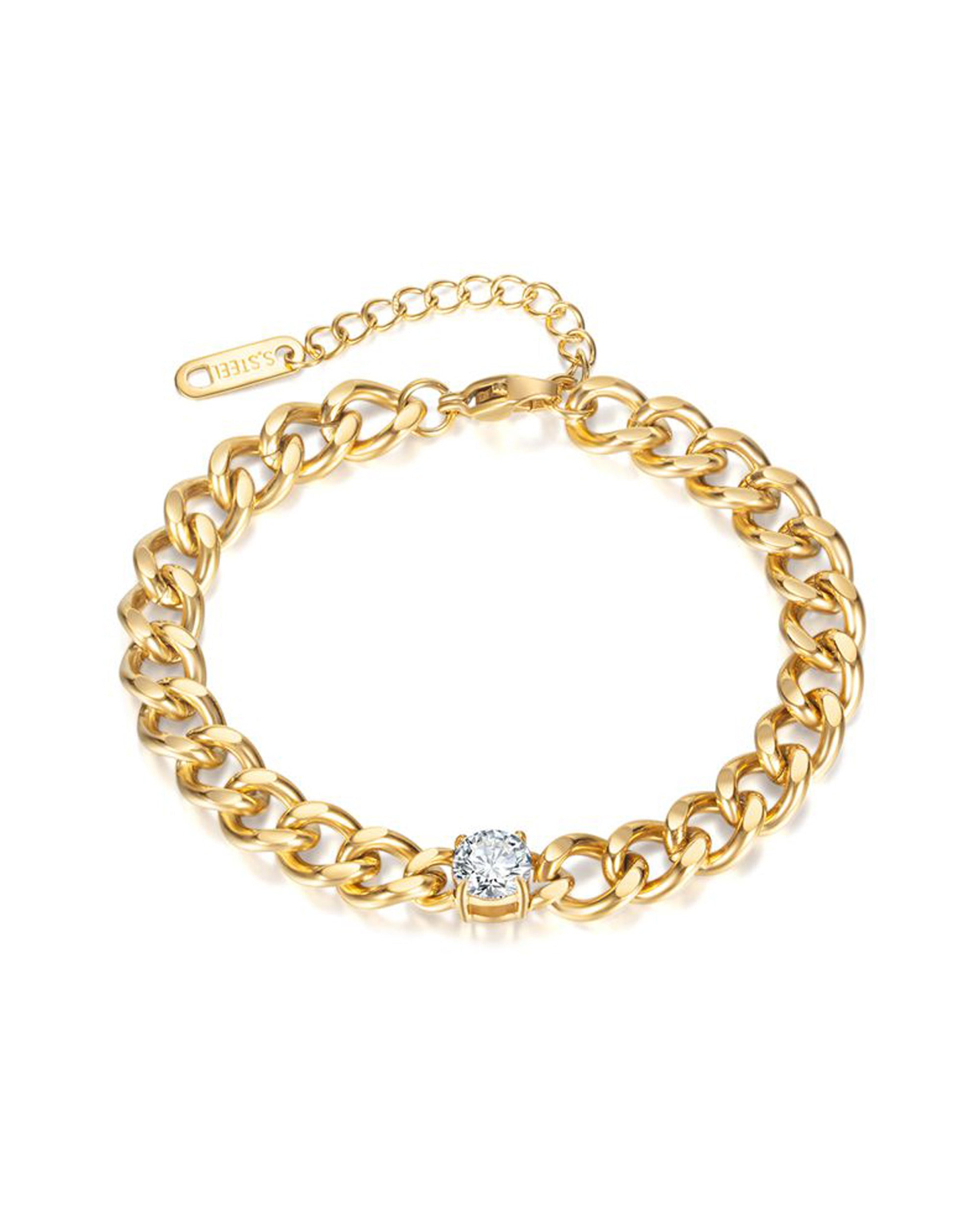 Bracelet en acier doré maille gourmette et pierre centrale