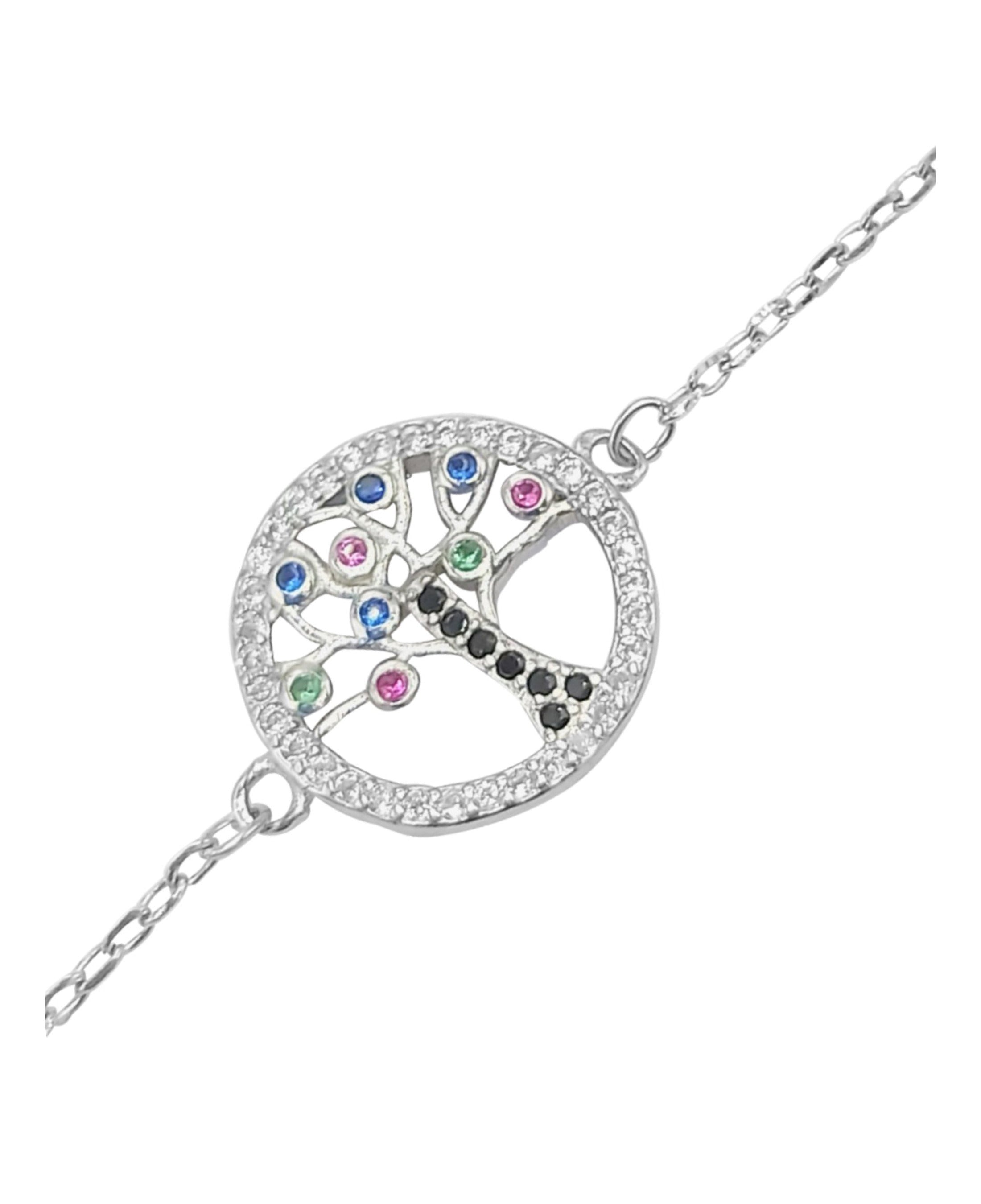 Bracelet en argent massif motif arbre de vie avec pierres multicolore