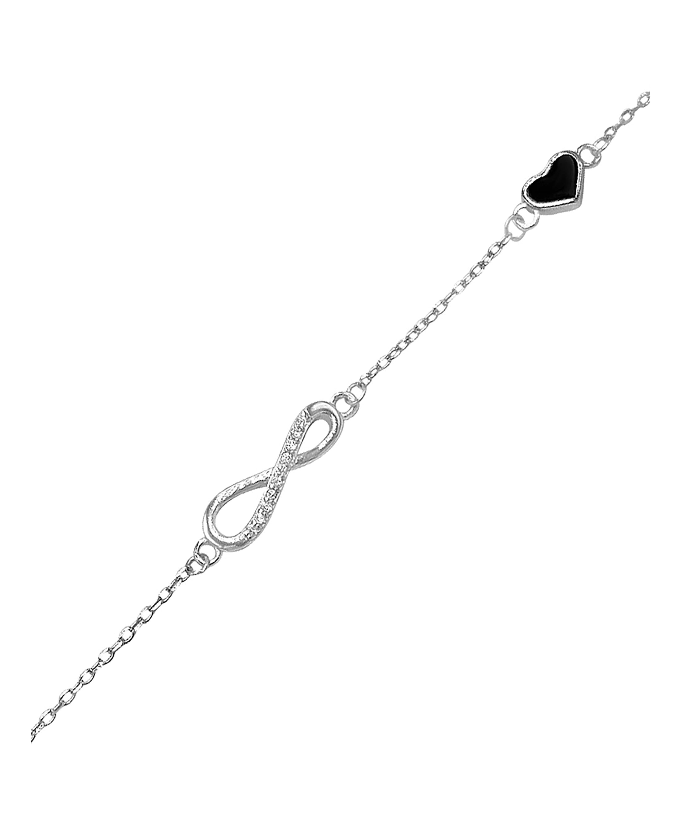 Bracelet en argent massif motif infini serti de pierres et coeur noir
