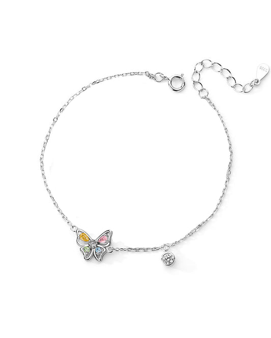 Silver bracelet with multicolored butterfly and solitaire pendant