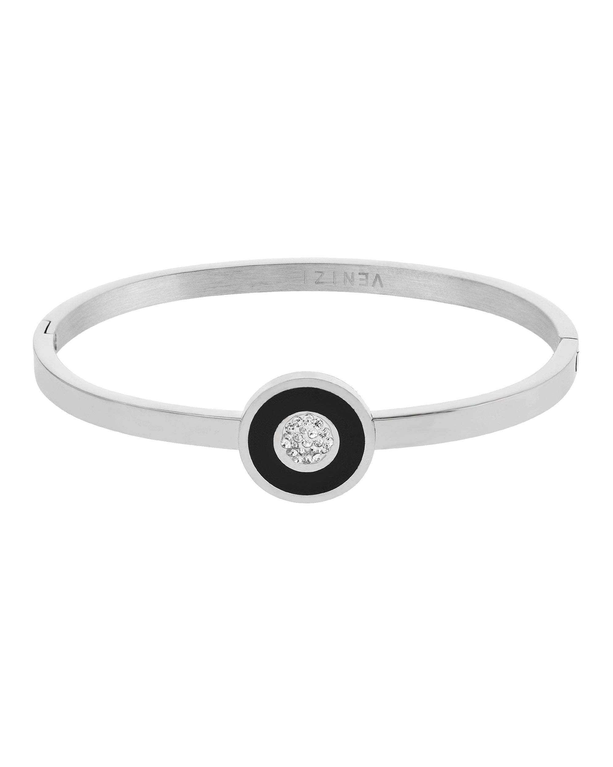 Bracelet rigide en acier massif rond noir avec strass
