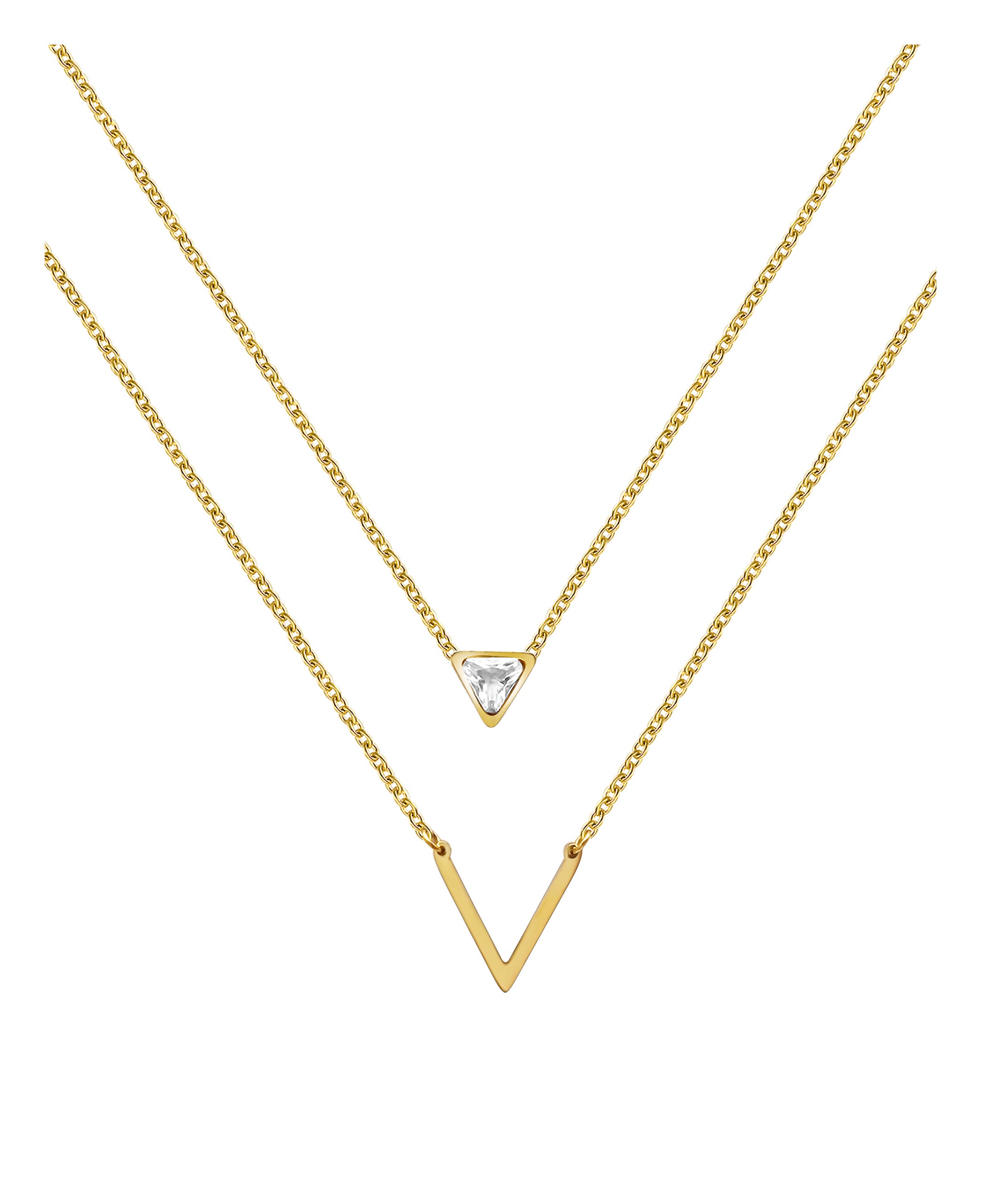 COLLIER EN ACIER DORE 2 MAILLES AVEC PIERRE TRIANGULAIRE ET V