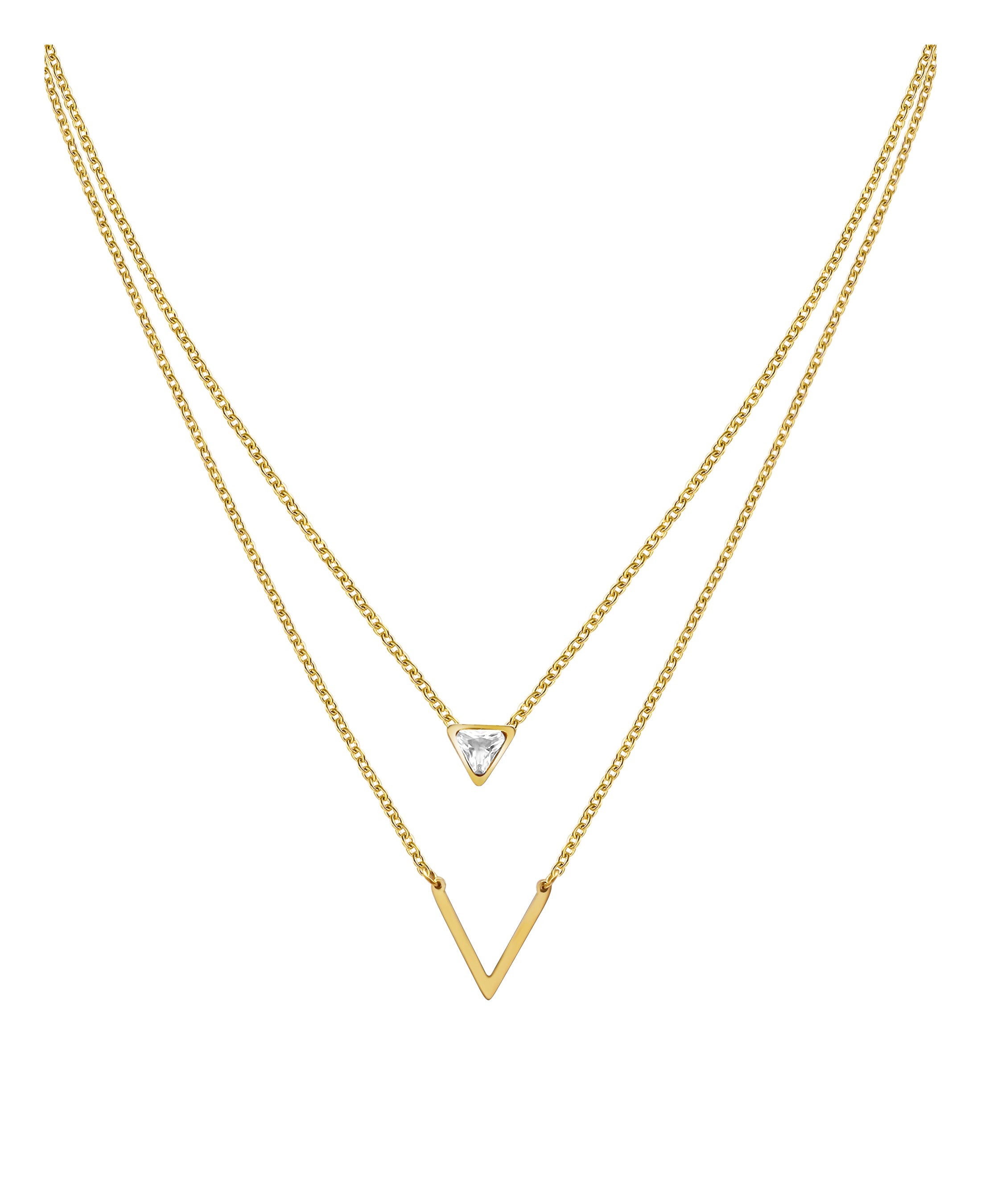 COLLIER EN ACIER DORE 2 MAILLES AVEC PIERRE TRIANGULAIRE ET V