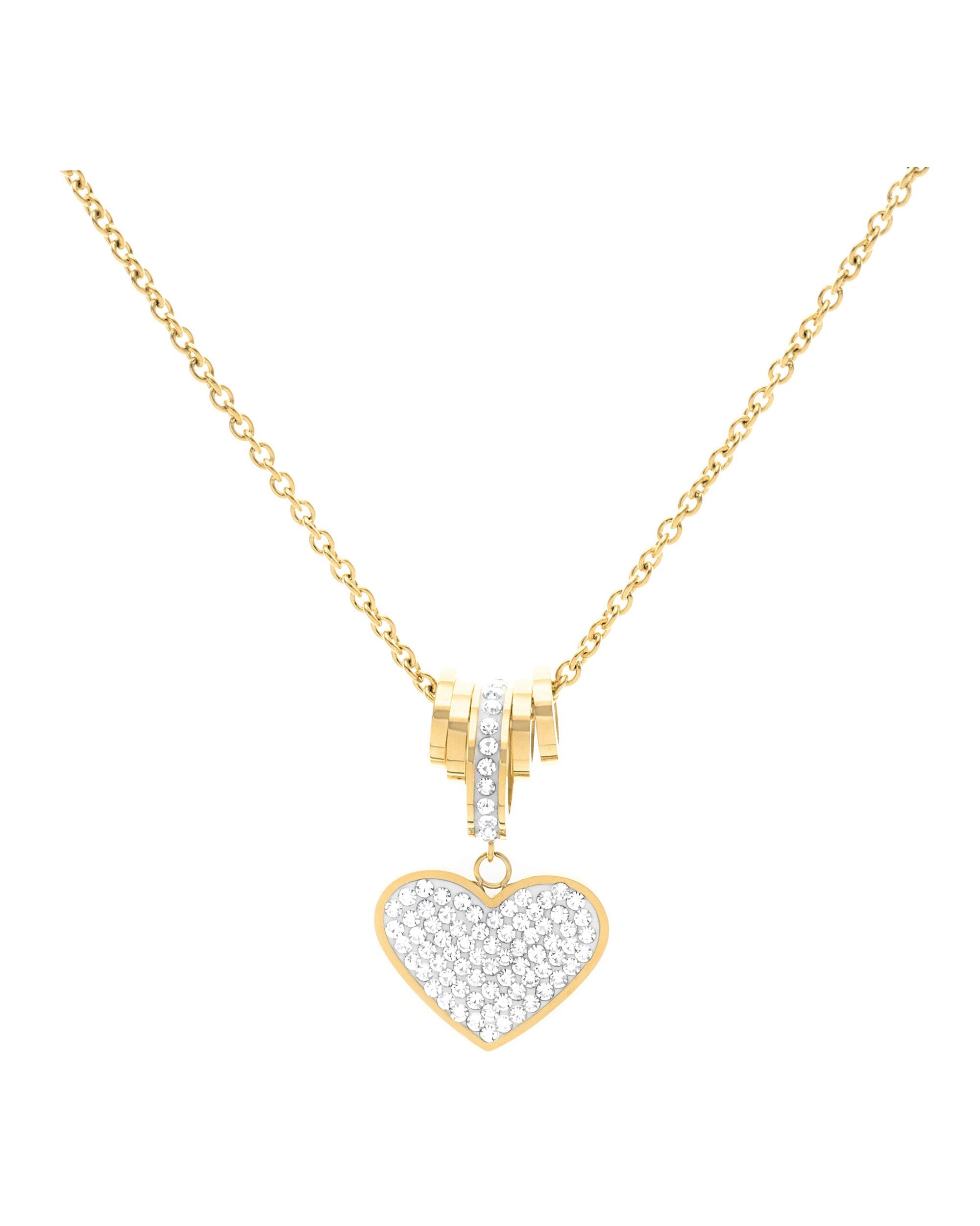 COLLIER EN ACIER DORE CERCLE ET COEUR AVEC STRASS