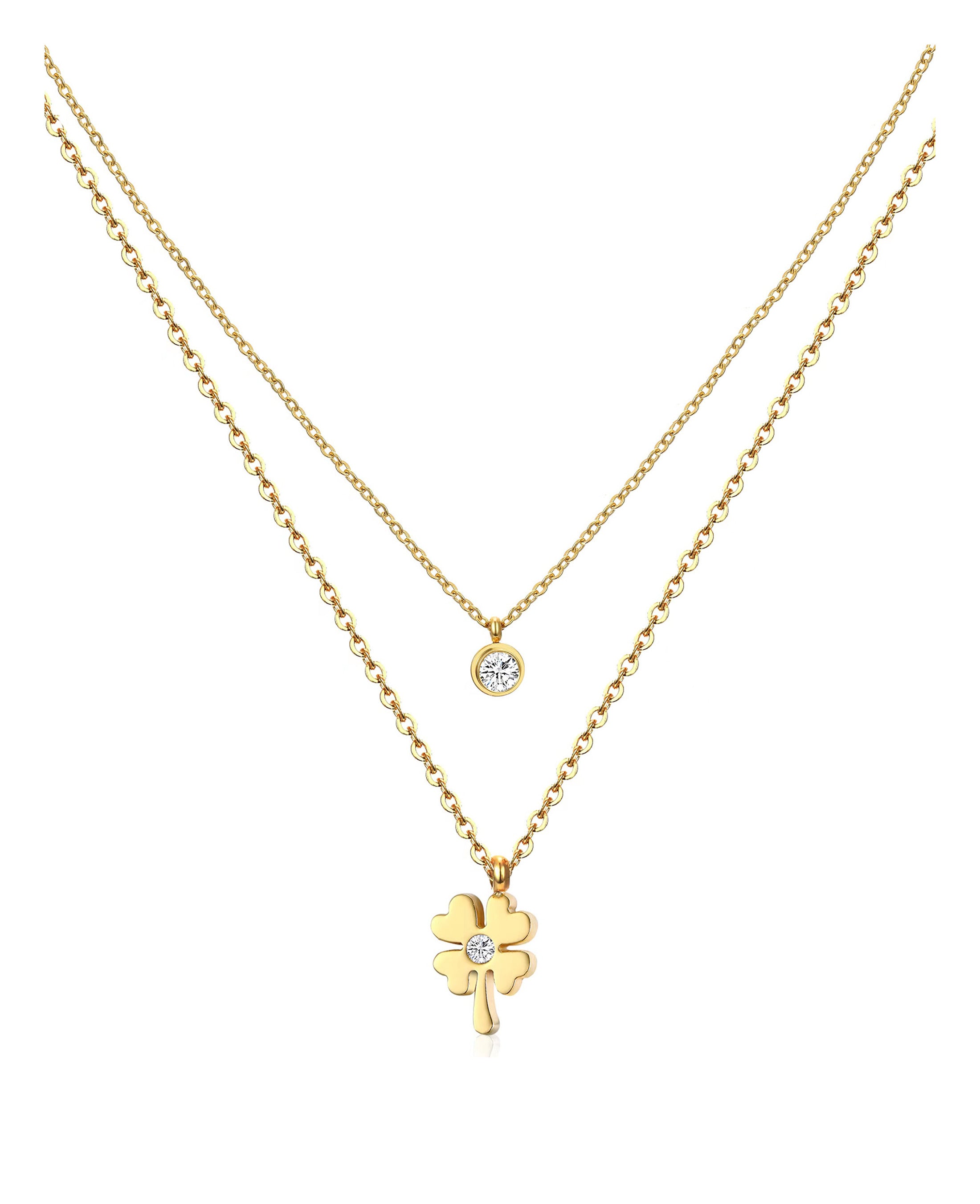 COLLIER EN ACIER DORE DOUBLE AVEC TREFLE ET SOLITAIRE