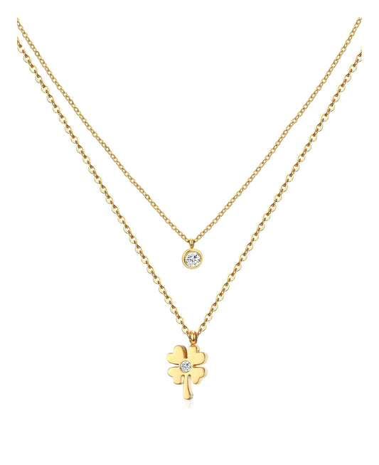 Collier en acier doré double avec trèfle et solitaire