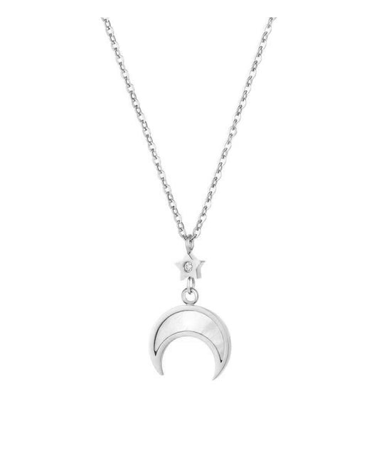 Collier en acier étoile avec strass et demi lune nacrée