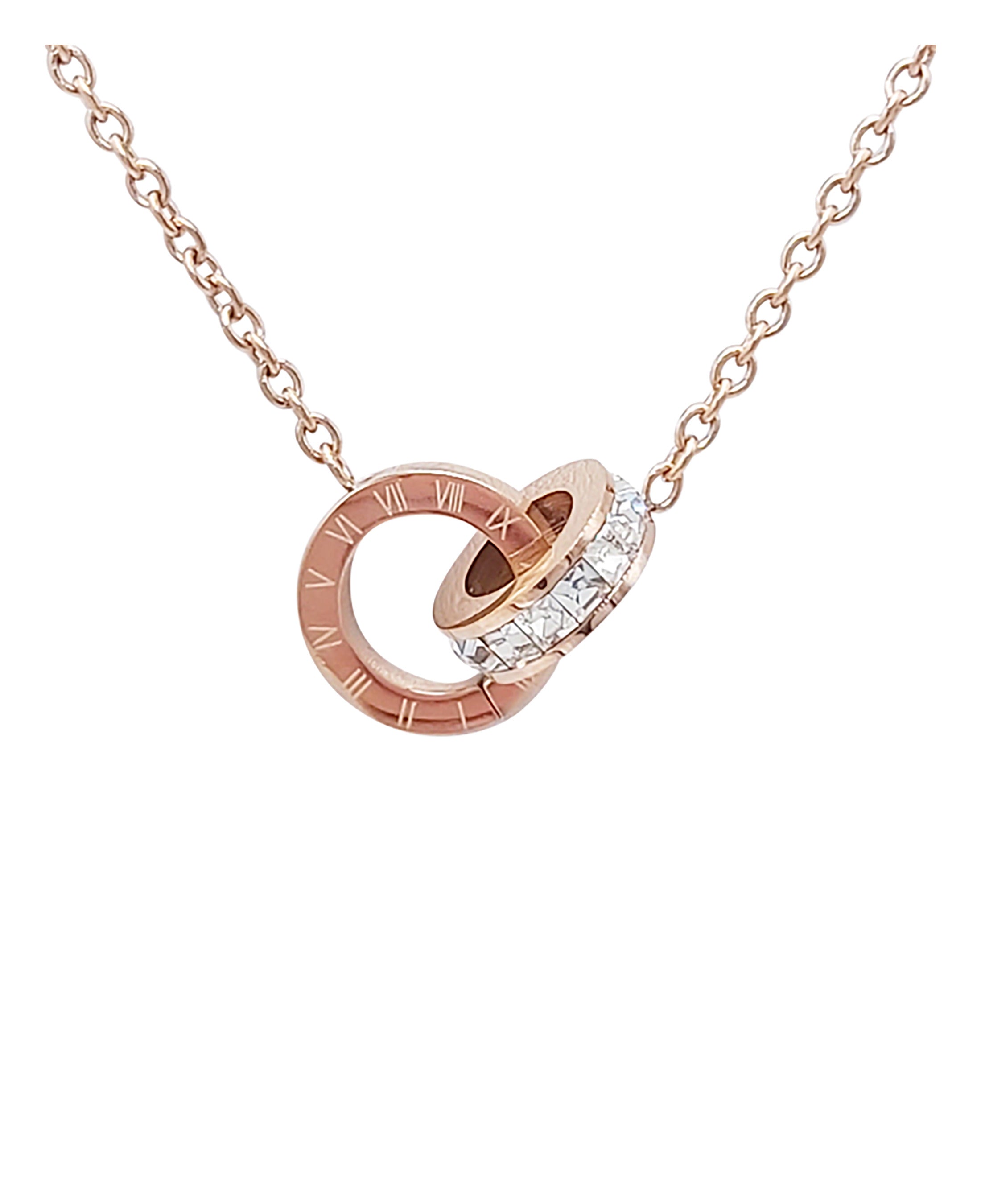 COLLIER EN ACIER ROSE 2 CERCLES STRASS ET CHIFFRES ROMAINS