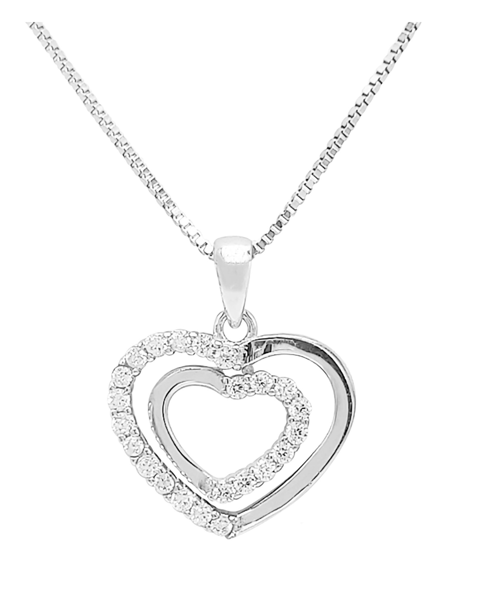 ❤ Collier en argent massif pendentif double coeur serti de pierres ❤