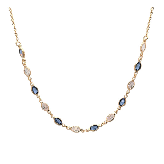 Collier en plaqué or pierres blanches et bleues