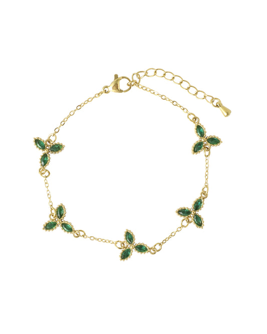Bracelet en acier doré fleur triple pétales émeraude