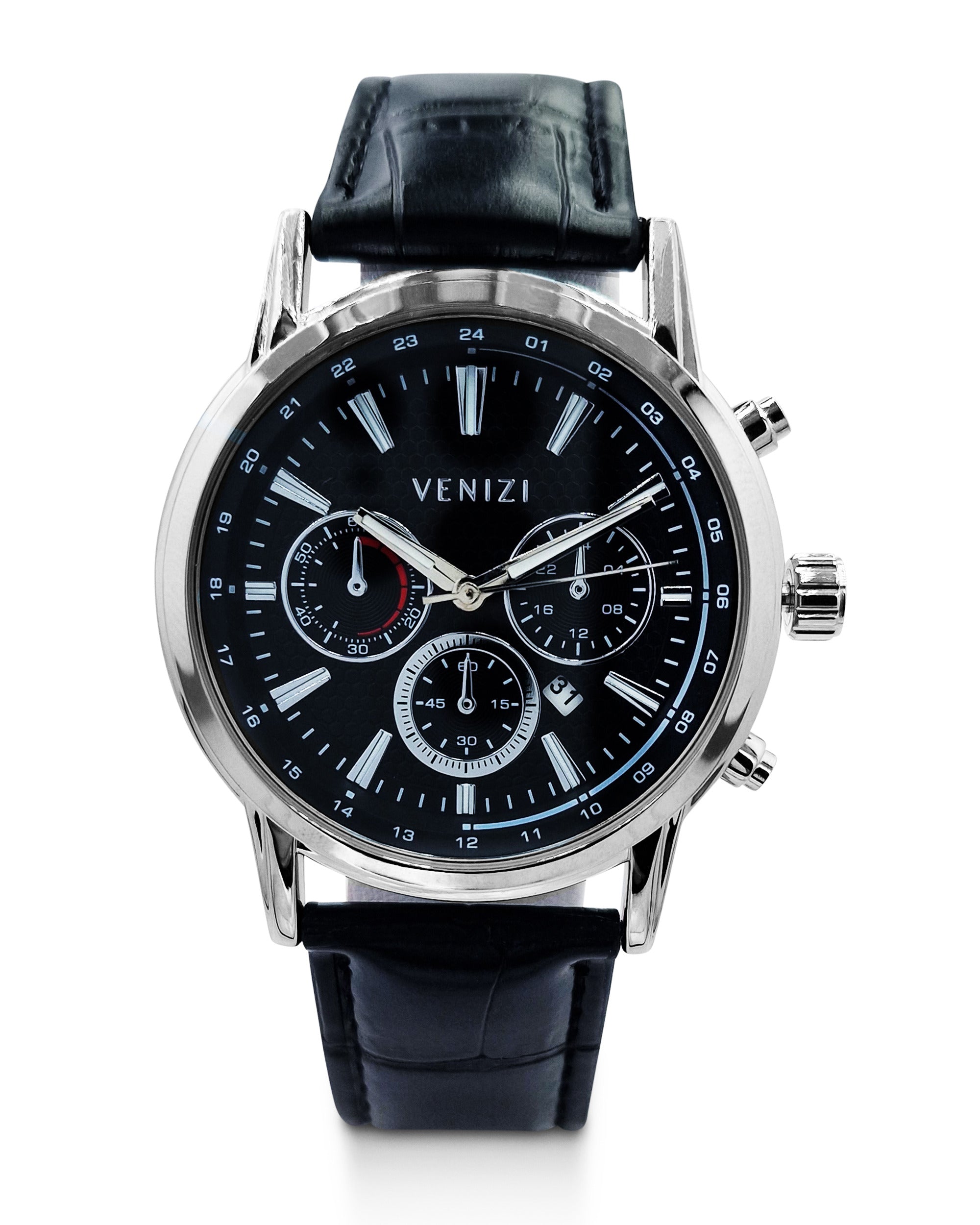 Montre Venizi argentée avec dateur bracelet cuir noir