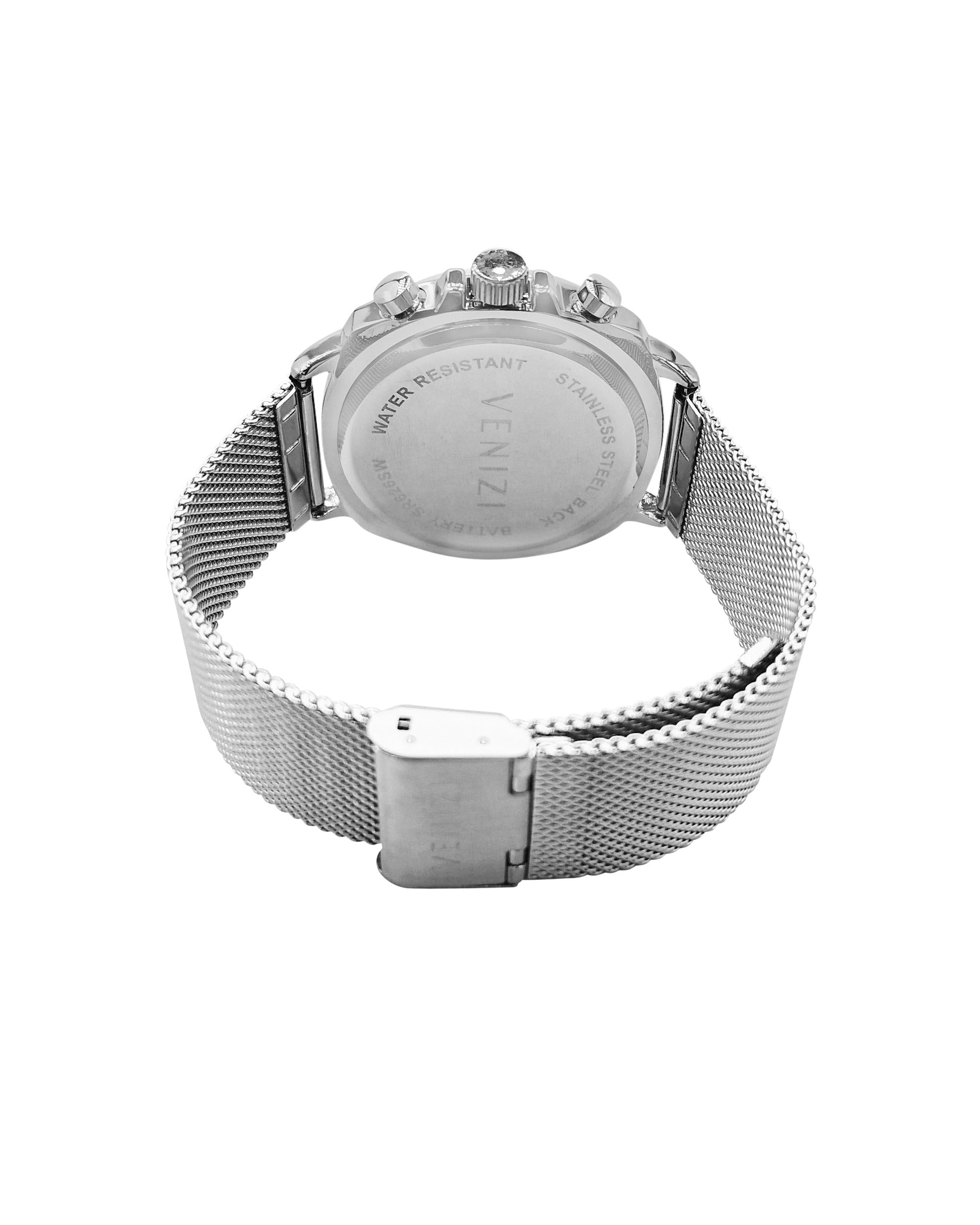 Montre Venizi argentée avec dateur bracelet métallique et aiguille centrale rouge