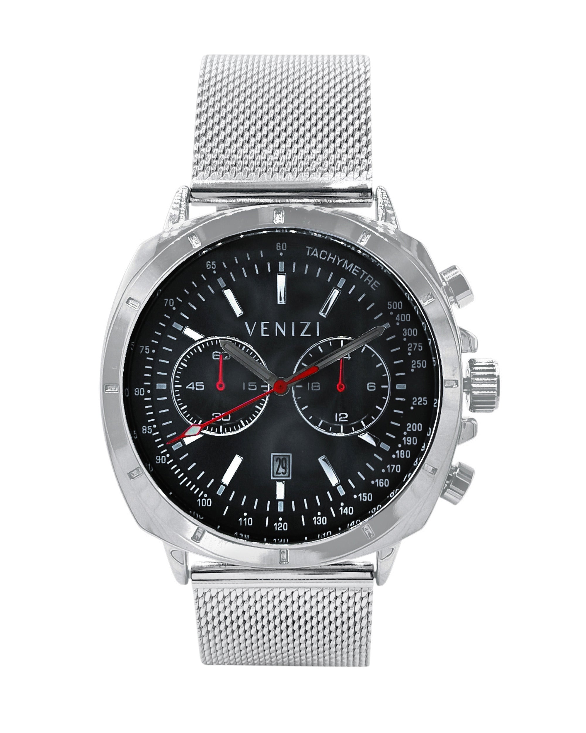 Montre Venizi argentée avec dateur bracelet métallique et aiguille centrale rouge