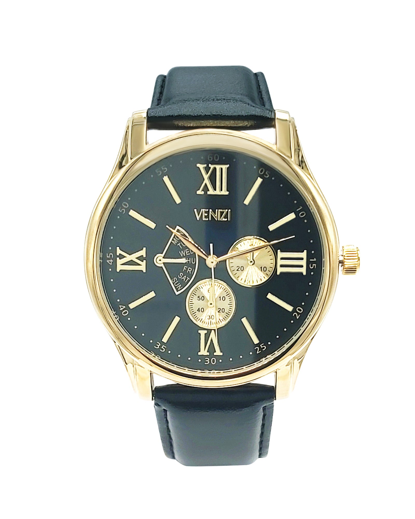 Montre homme classique en cuir noir et boitier doré