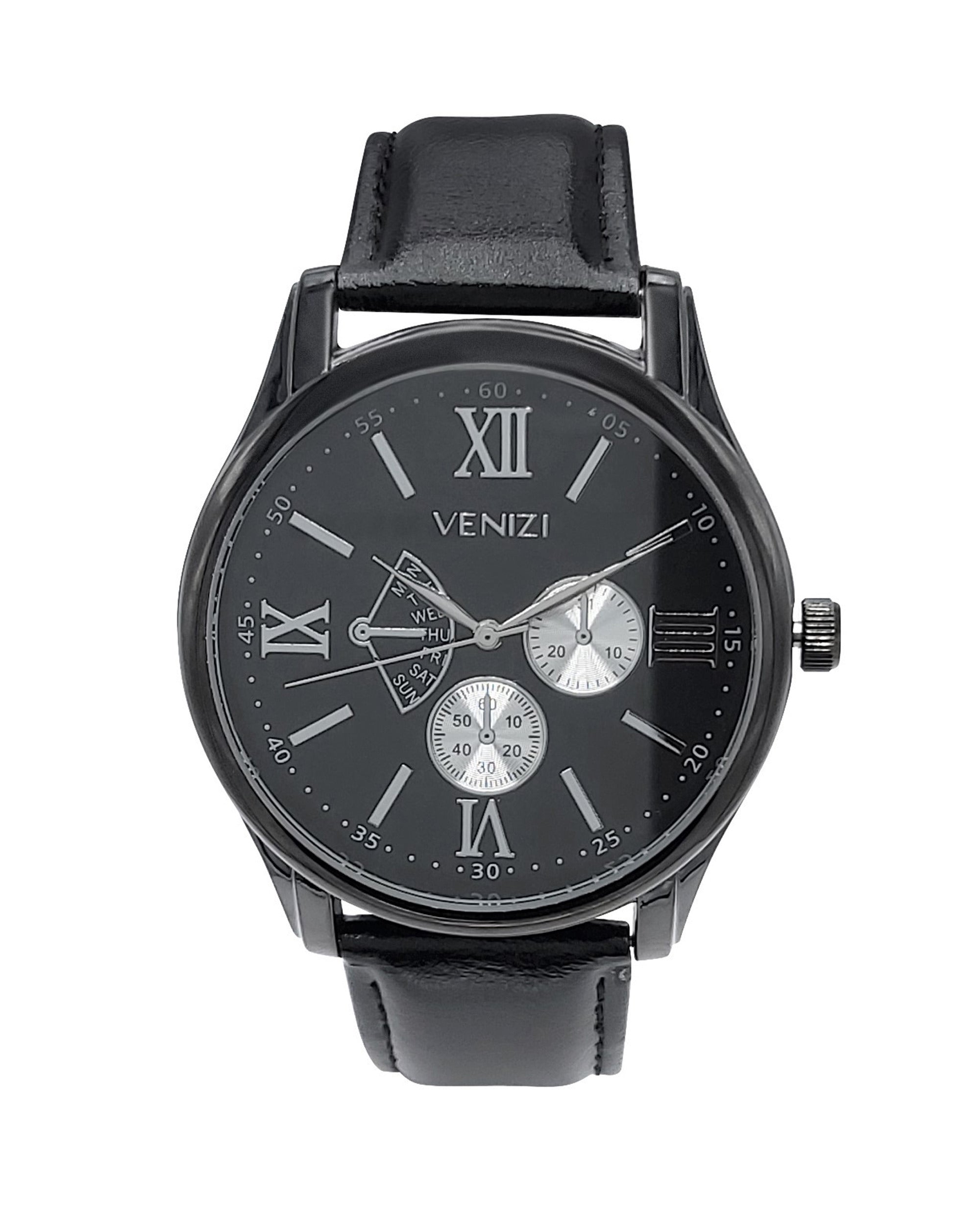 Montre Venizi noire bracelet cuir noir