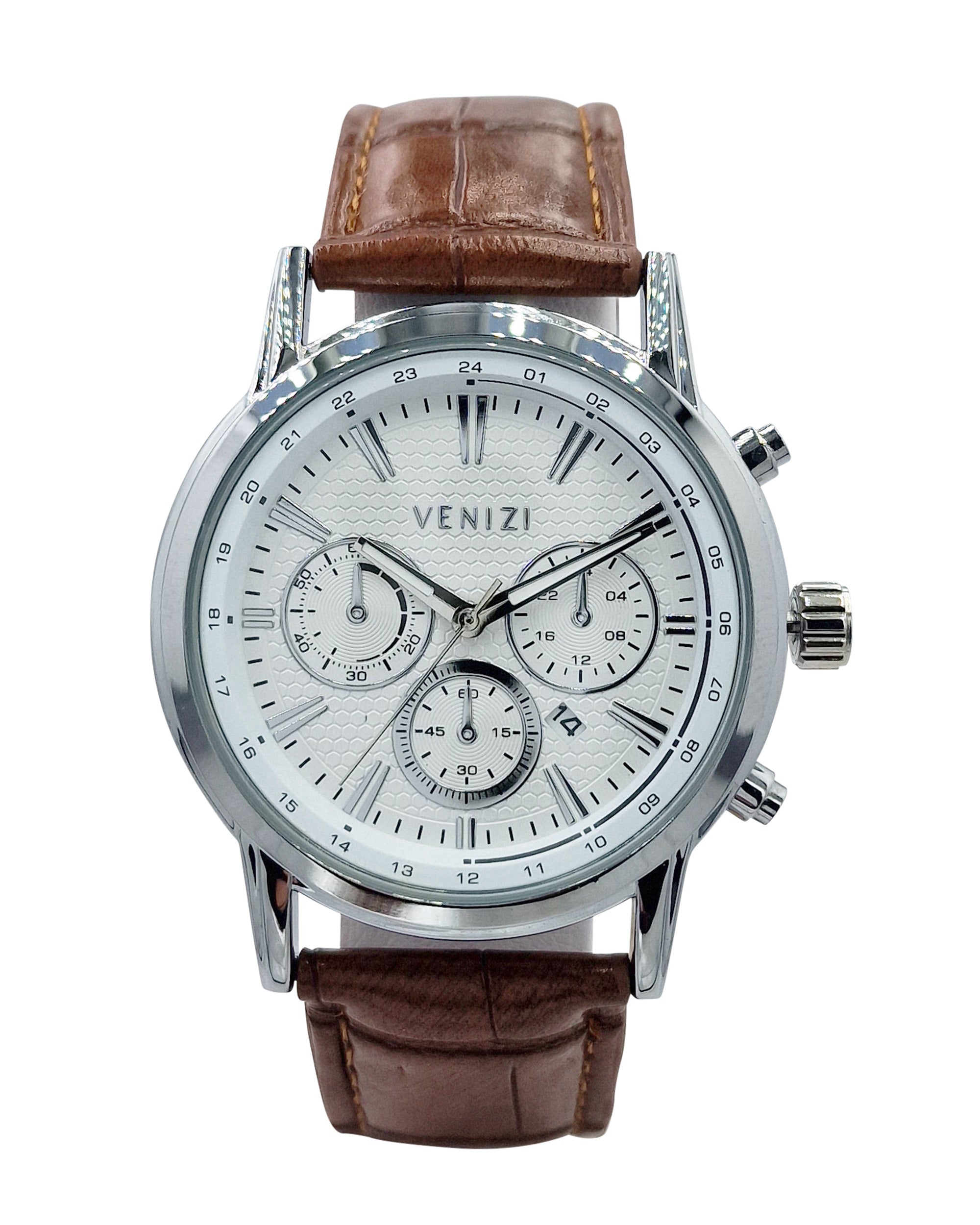 Montre Venizi argentée avec dateur bracelet cuir brun