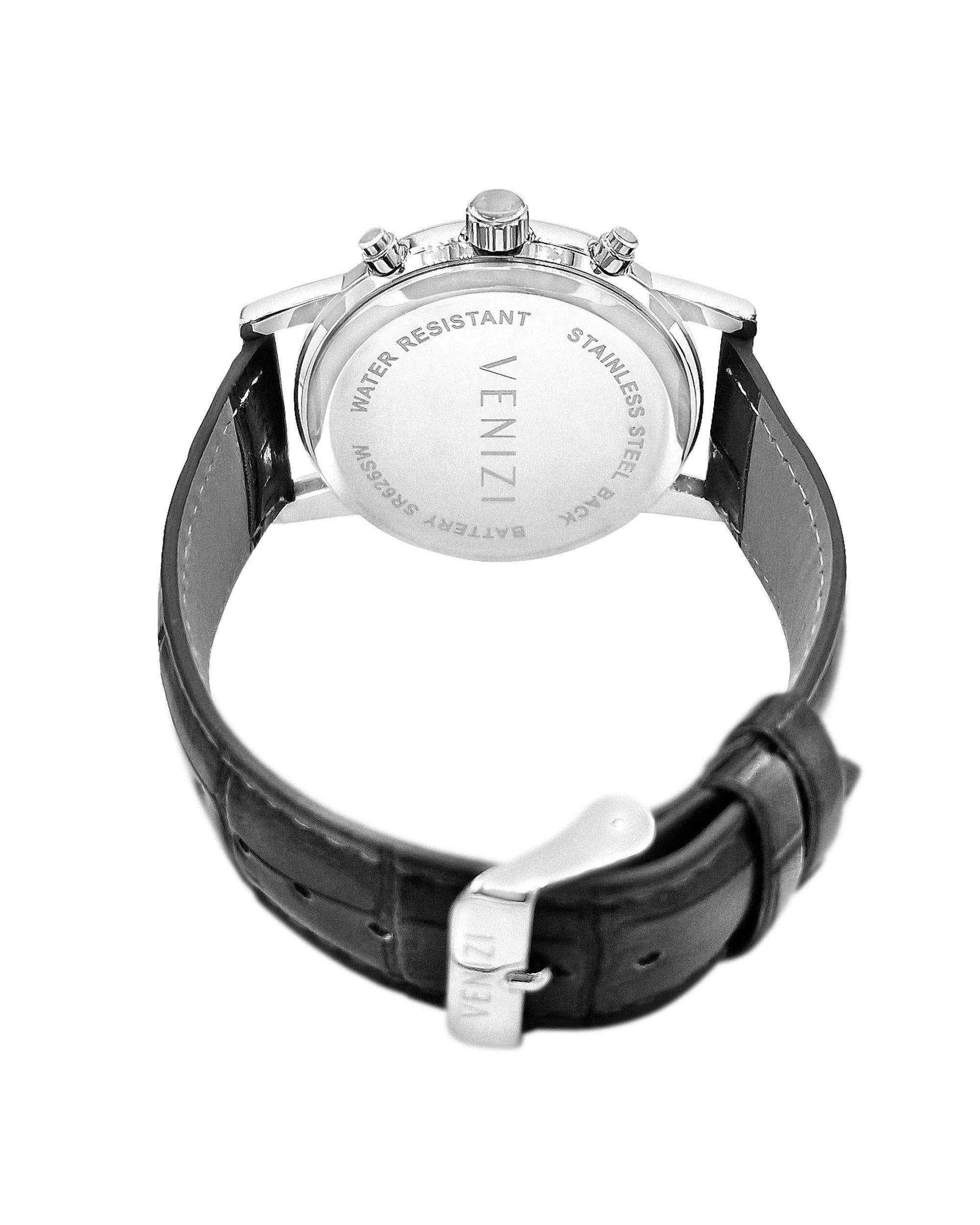 Montre Venizi argentée avec dateur bracelet cuir noir