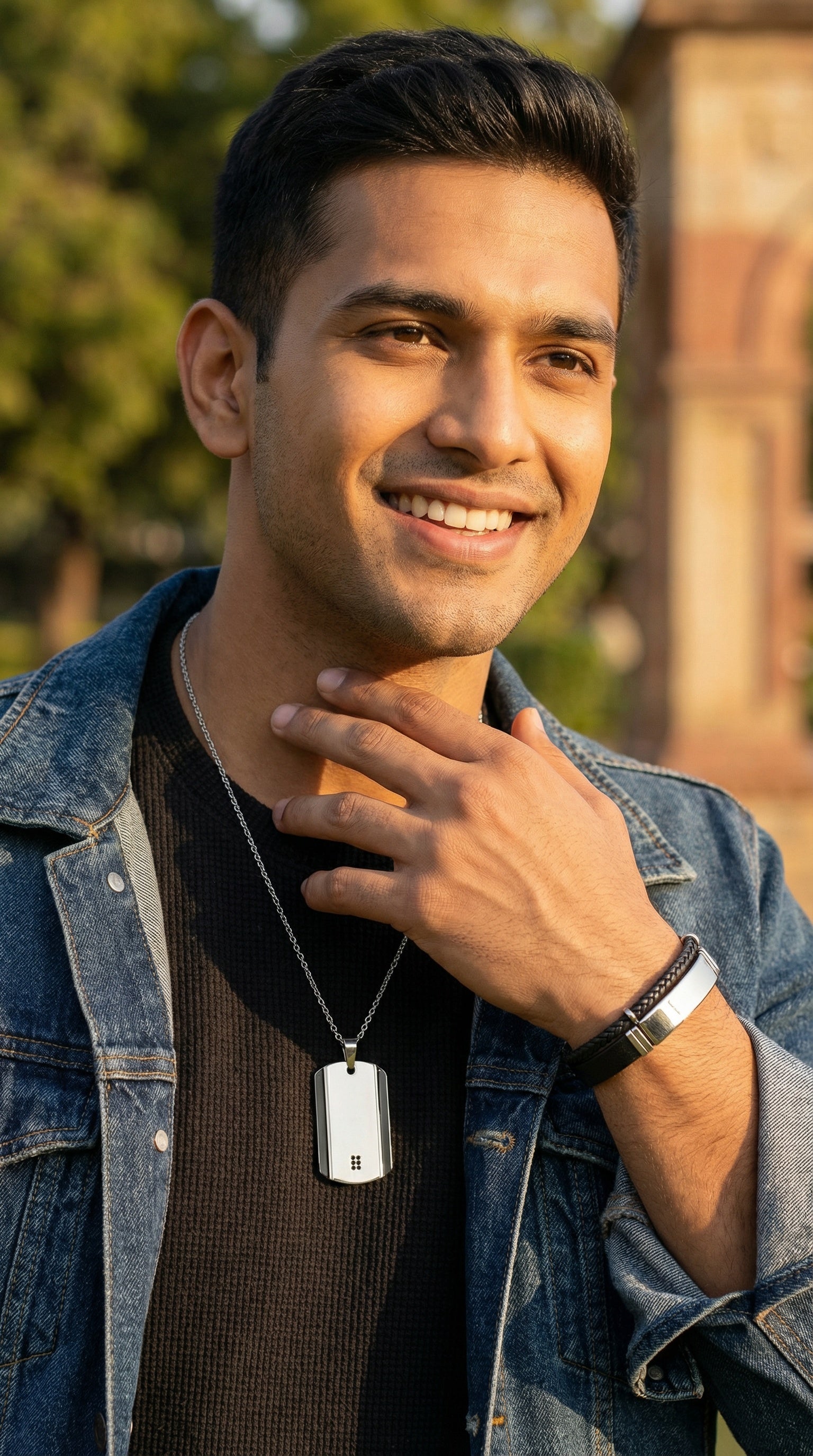 PARURE  EN ACIER PENDENTIF RECTANGLE AVEC STRASS ET BRACELET EN CUIR AVEC PLAQUETTE EN ACIER