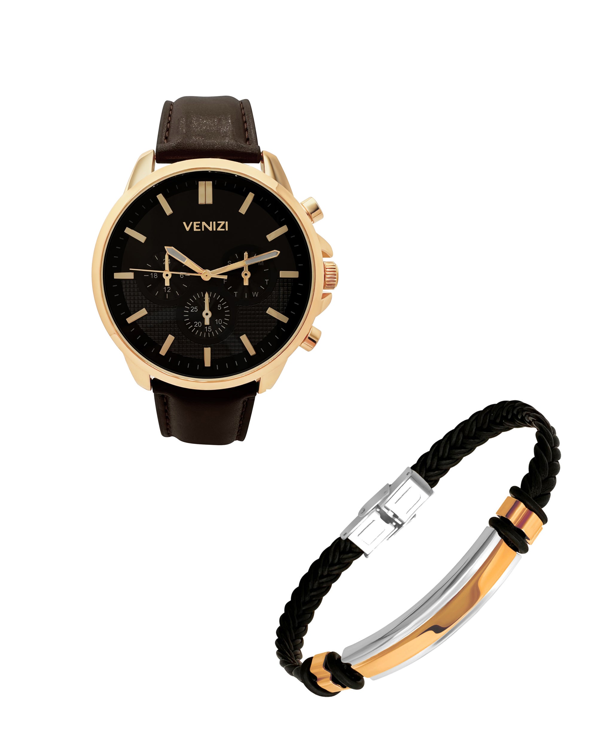 MONTRE VENIZI DORÉE BRACELET EN CUIR BRUN  ET BRACELET EN CUIR TRESSÉ AVEC PLAQUE BICOLORE