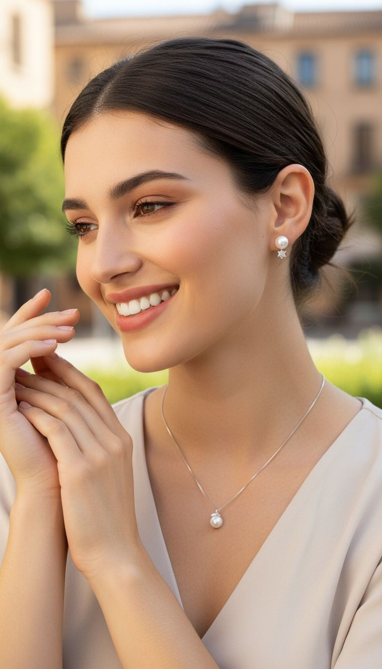 Zilveren sieradenset met witte parel