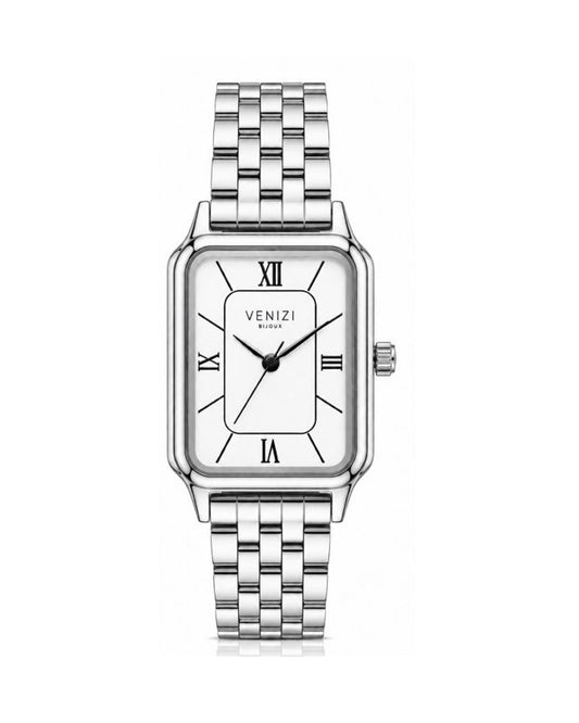 Montre rectangulaire argentée avec cadran blanc
