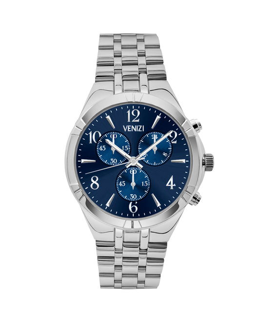 Montre argentée avec cadran bleu nuit