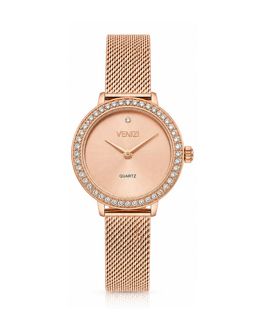 Montre rosée avec strass maille milanaise