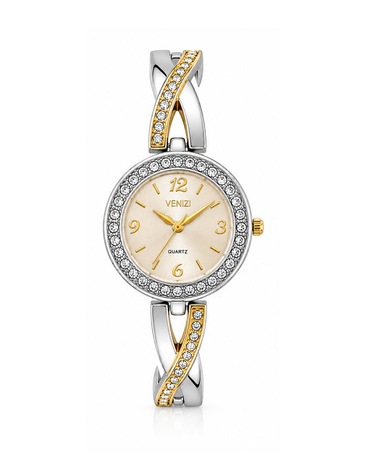 Montre bicolore avec strass et cadran champagne