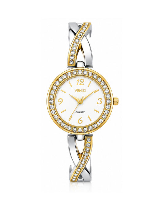 Montre bicolore cadran blanc et strass
