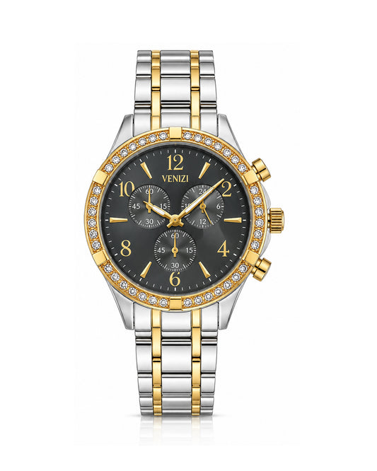 Montre bicolore cadran anthracite avec strass